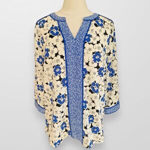 Talbots Woman's Size Large Tunic Top Blouse Lightweight Floral Blue Shirt